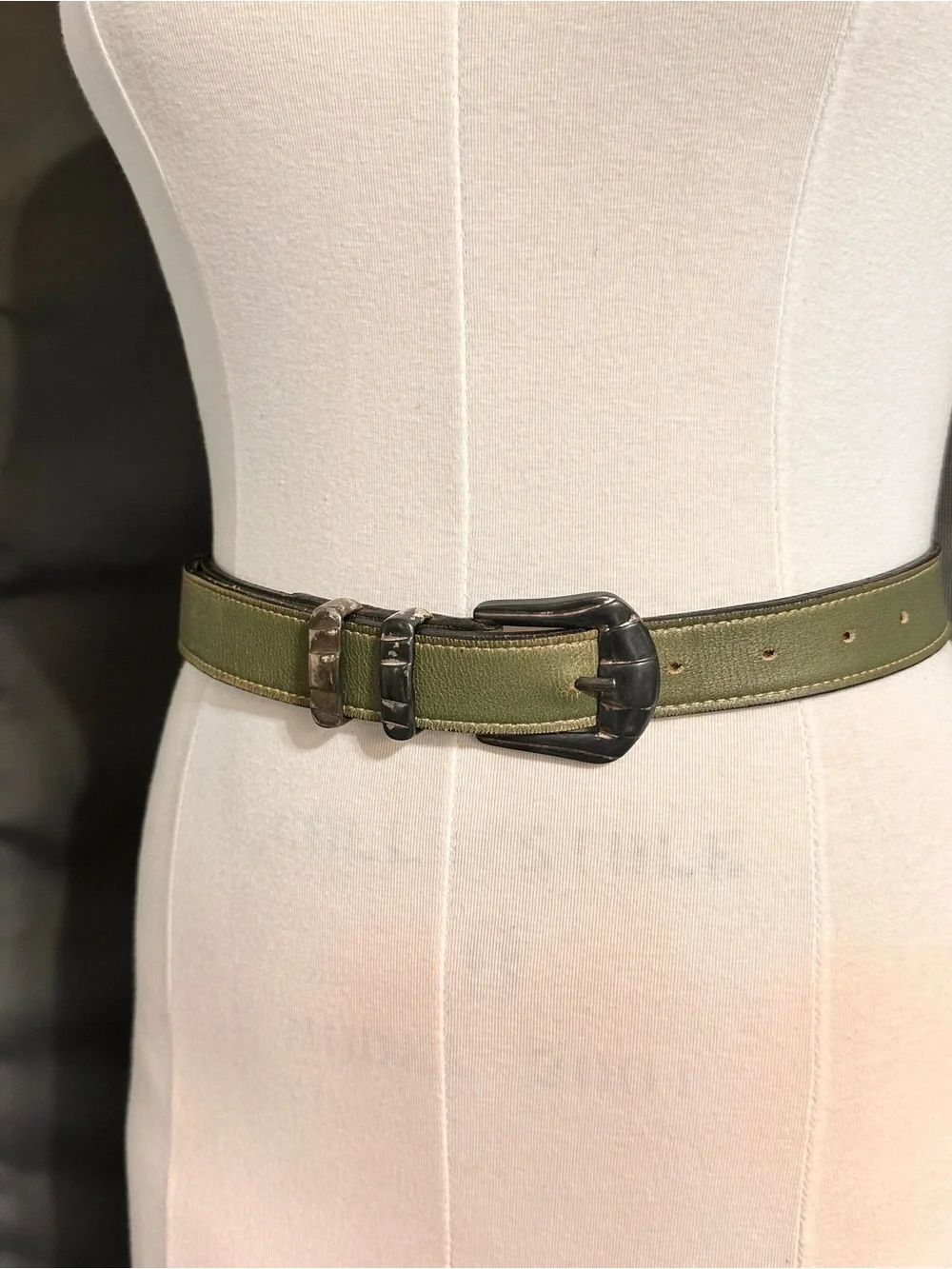 Olive Green Leather Waist Belt with Antiqued Buckle